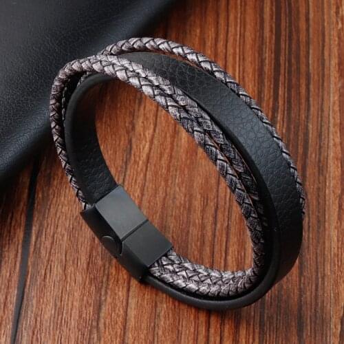 Retro Style Double Stitching Combination Small Accessories Stainless Steel Mens Leather Bracelet Promotional Price For Gift