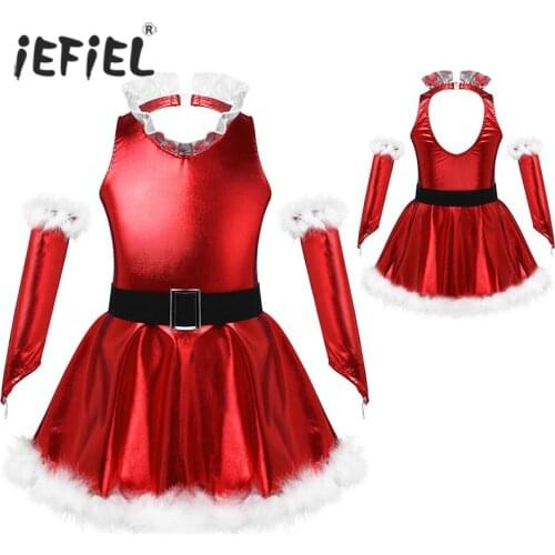 Kids Dress For Girls Christmas Clothes Split Sleeve Glossy Party Dress Neck Elastic Black Waistband for 6-14T Children
