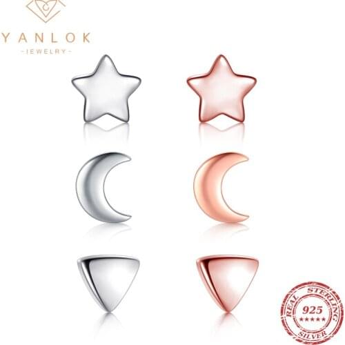 YANLOK Authentic 925 Sterling Silver Star Moon Triangle Tiny Small Stud Earrings For Women Fashion Jewelry Gift Bijoux