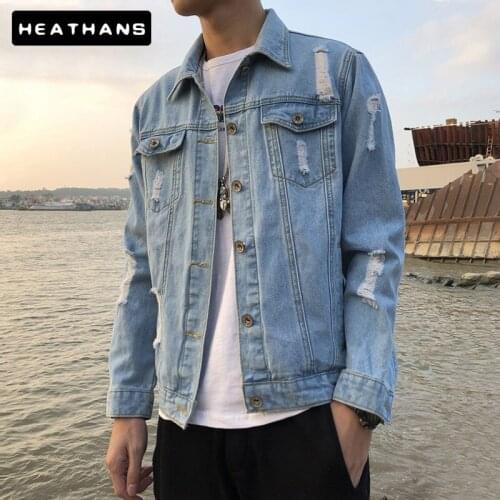 Blue Long Sleeve Denim Jacket Male Handsome Korean Turn-down Collar Clothes For Male Loose Spring Autumn Hole Jacket Veste Homme