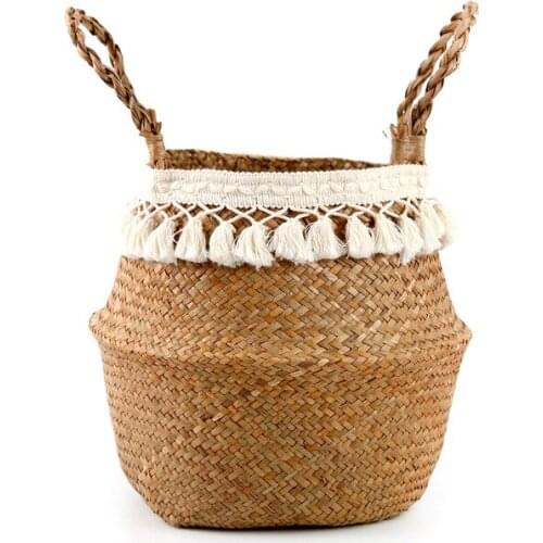 22cm x 20cm Foldable Handmade Storage Basket Folding Wicker Rattan Seagrass Belly Straw Garden Flower Pot Planter Laundry Basket