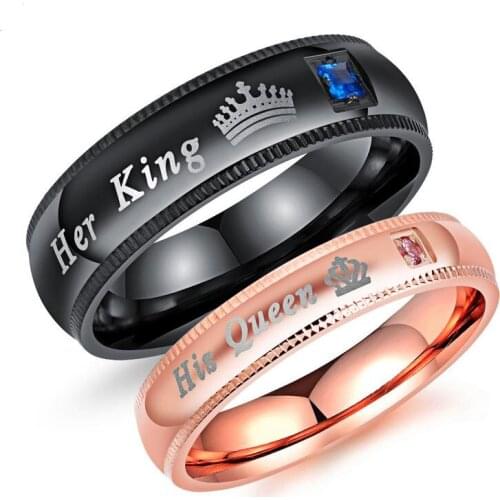AMORUI Trendy Valentine Lovers Stainless Steel King Queen Crown Ring Men Women Round Rings Black Gold Rings Fashion Jewelry