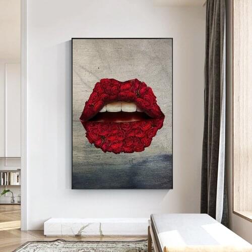 Vintage Sexy Red Lips Rose Painting Wall Art Posters and Print Artworks Canvas Pictures for Living Room Home Decorations Mural
