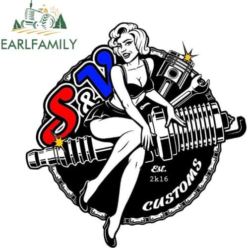 EARLFAMILY 13cm x 12.7cm Funny Spark Plug Pin Up Girl Self-adhesive Hot Rod Car Sticker Cartoon Decal Auto Moto Biker Decoration