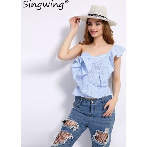 Singwing irregular Ruffles Shirts Summer Shirts Blouse V-Neck Women Blouses Fashion Solid Color Female Shirts Tops