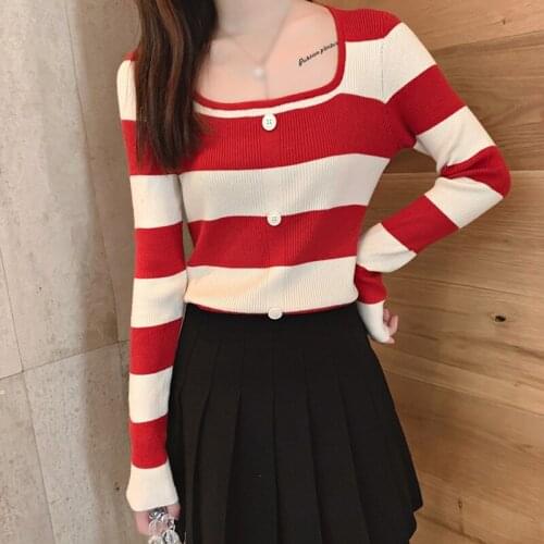 Women Autumn T-Shirt Female Striped Knitted Sweater Top Sweet Girls T-Shirts