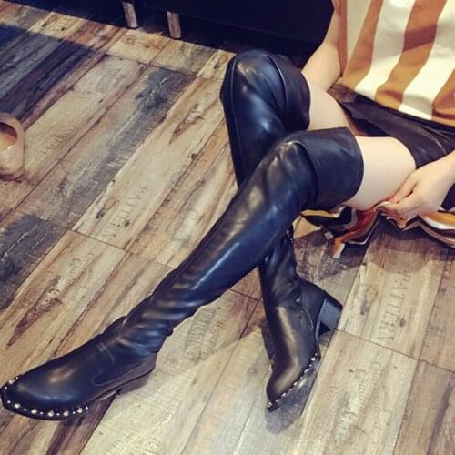 New Fashinon Stretch Leather Women Pointy Toe Over The Knee Boots Rivets Rim Bottom Ladies Med Heel Knight Boots Spring Boots