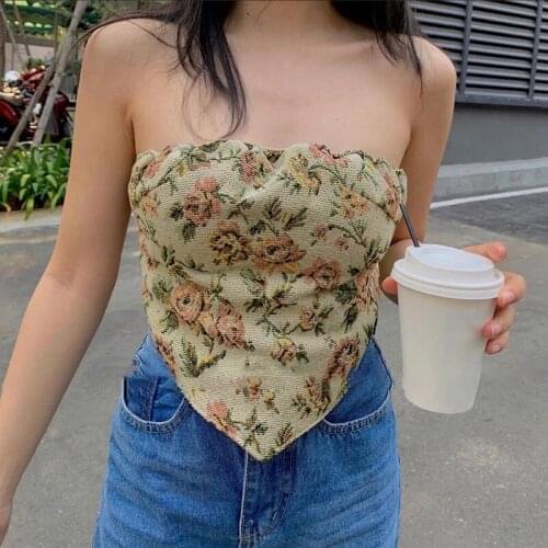 Summer Retro Flowers Womens Tube Top Vest Pleated Halter Short Corset High Street