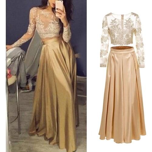 Zoulv 2021 Womens Dress Ladies Party Lace Fit A Line Fashion Long Sleeves Cocktail Flare Prom Ball Floral Print Crew Neck Dress