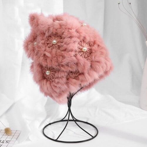 Winter Rabbit Fur Hat For Women Casual Soft Cute Pearl Braided Beanies Caps Female Fur Knitted Hat S2501