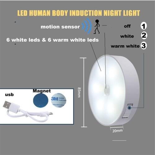 1-6pcs 6 white+6 warm white leds Bedroom Decor Night Lights Motion Sensor Night Lamp USB Charging For Kitchen/ Cabinet/ Wardrobe