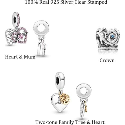 100% Sterling Silver 925 Charm Heart Mon Dangles Crown Beads Family Tree Pendants Fits Original Bracelets Bangles Women DIY Gift