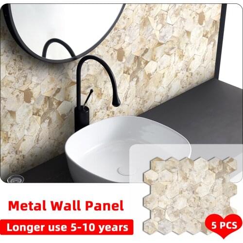 5PCS Mosaic Self Adhesive Tile Backsplash Marble Metal Wall Stickers Wallpaper Oil Proof Peel and Stick Bathroom Kitchen Decor