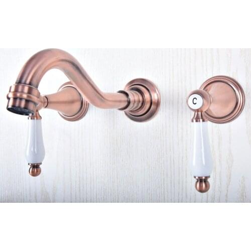 Antique Red Copper Brass Widespread Wall-Mounted Tub 3 Holes Dual Ceramic Handles Bathroom Tub Sink Faucet Mixer Tap asf507