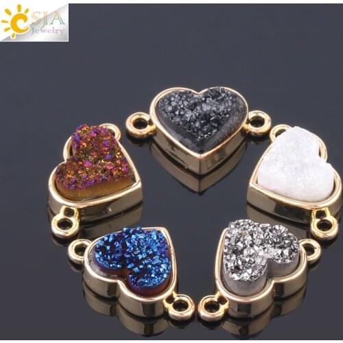 CSJA Love Shape Charms Drusy Druzy Natural Crystal Stone Gold Color European Jewelry Connectors Anklet Bracelet Diy Making F653