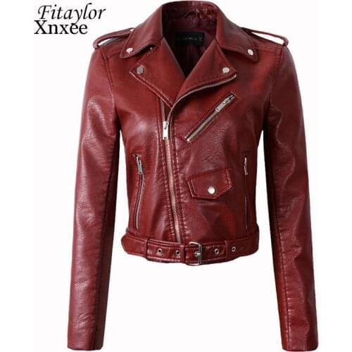 Fitaylor Women Wine Red Faux Leather Jackets Lady Pu Leather Jacket Bomber Motorcycle Biker Pink Black Outerwear with Belt