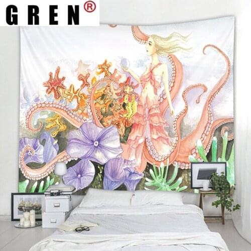 GREN Octopus Fairy Flower Tapestry Hanging Covering Rugs Background Cloth Beach Mat Blanket Art Bedroom Living Home Decor