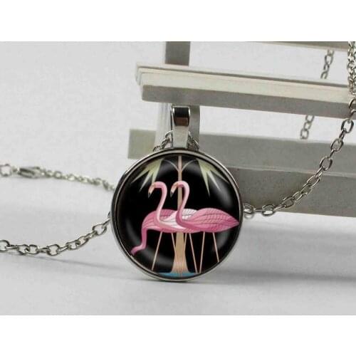 Art Nouveau Pink Flamingo Bird Pendant Necklace Glass Animal Art Jewelry Art Pattern Necklace Best Gift