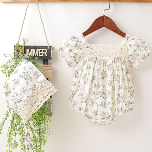 Summer Lace Stitching Flower Romper+Hat Suit Infant Baby Girls Cotton Short sleeve Jumpsuit Toddler Baby Girl Clothes