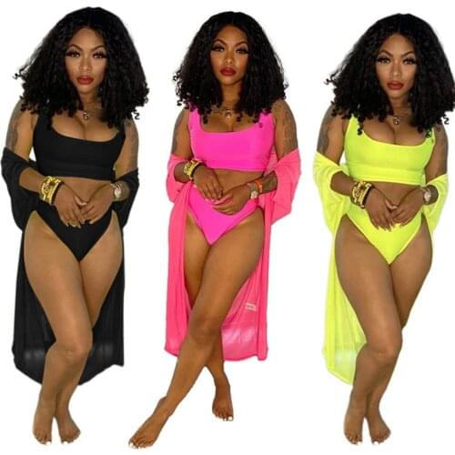 Summer Women 3pcs Bikini Set Solid Crop Top +Underpant And Long Sleeve Cover Up Cloak Sexy Bathing Suit Holiday Swimming Bodyco