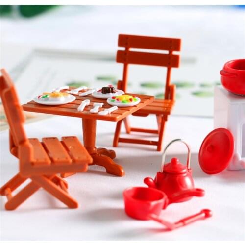 Small and Chic Dollhouse Mini Leisure Table + Chair + Plate + Tools Suit for Dollhouse Kitchen Restaurant Furniture Accessories