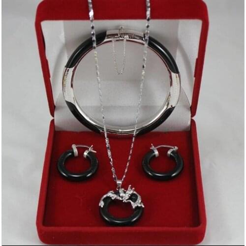 Fashion silver plated micro inlay Panlong Black Jade Pendant + all Black Bracelet + Earring Set