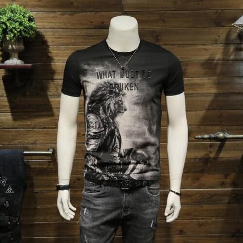 2021 summer tide brand ice silk mens lion embroidery printing mens short sleeve t-shirt crew neck slim half sleeve base shirt