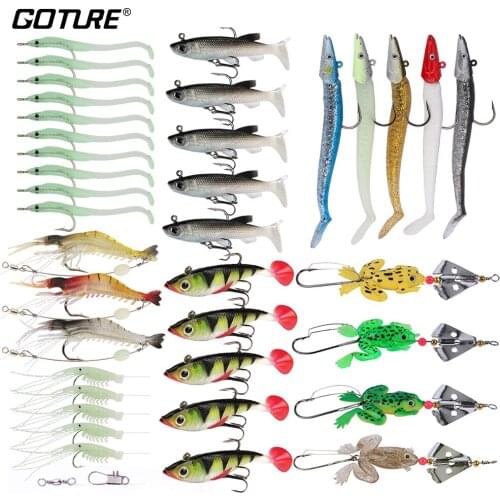 Goture 37Pcs/lot Fishing Lure Set Wobblers Soft Silicone Bait Frog Luminous Shrimp And Jig Head Lure