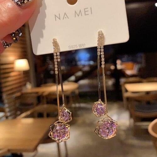 2021 new Korean personality fashion long zircon rose earrings high-grade atmosphere web celebrity silver needle earrings