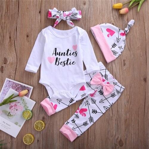 Newborn Toddler Baby Girls clothes round neck long sleeve Bodysuit arrow print Pants Geometry Hat bow Headband 4pc autumn outfit