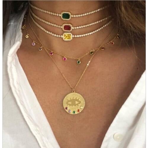 Gold color Big Round Coin necklace 41+5cm chain engraved evil eye rainbow cz fashion classic jewelry collar