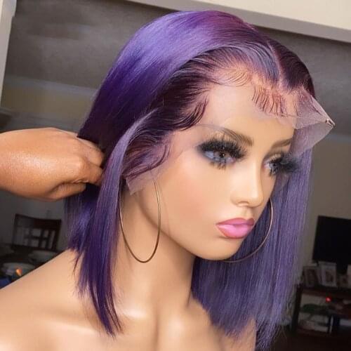 Purple Color Wig Short Bob Human Hair Wigs For Women 180% Colored Purple 13x1 lace Front Wigs Remy Brazilian Straight Lace Wigs
