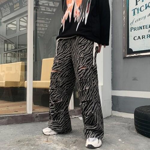 Harajuku Zebra Print Hole Casual Jeans Pants Mens Loose Wide-leg Streetwear Baggy Denim Trousers Straight Oversize Pants