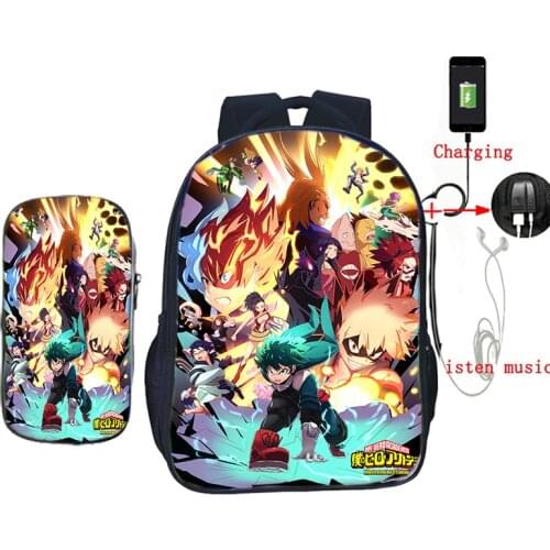Anime My Hero Academia Backpack 2 Pcs/Set Students 3D Izuku Deku School Bag Travel Rucksack Zipper USB Charge Knapsack Mochila