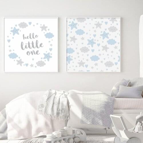 Blue Gray Star Canvas Print Cartoon Smiley Love Cloud Wall Art Little Kids Quotes Pictures for Nursery Baby Room Home Decor