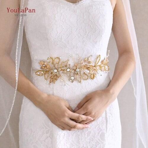 TOPQUEEN SH282 Bridal Belts with Rhinestones Jewel Belt for Women Gold and Crystal Belts for Women Alloy Flower Waist Belt
