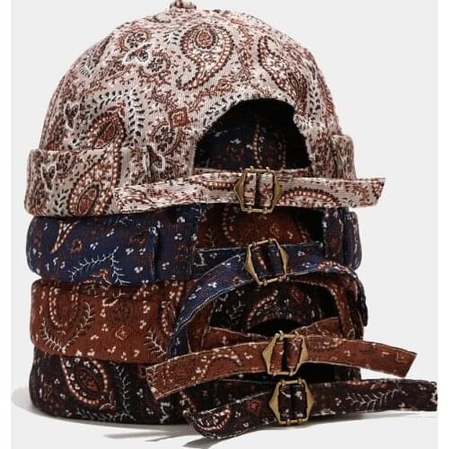 Vintage Cotton Beanie Hats Women Men Autumn Landlord Hat Streetwear Hip Hop Brimless Hat Cashew Pattern Docker Cap Adjustable