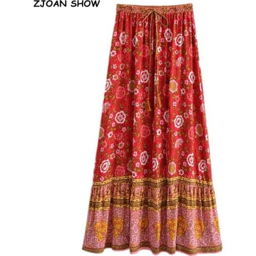 2021 Bohemia Bright Red Floral Print Long Skirt Spliced Ruched Ruffle Hem Hippie Women Tassel Bow Waist Swing Skirts Holiday
