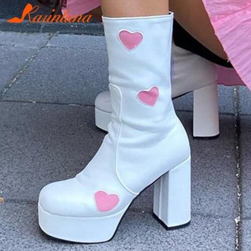 2021 Luxury Brand New Ladies Autumn Boots Women Fashion Platform Thick High Heels Mid-Calf Boots Heart Sweet Cool Shoes Woman