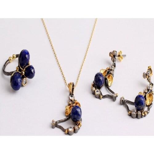 Woman Handmade Oval Blue Lapis Lazuli Pearl 925 Silver Jewelry Set, Lapis Lazuli ring,Lapis Lazuli Necklace