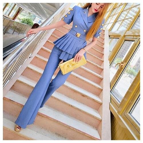 Women 2021 Summer Fashion Two-piece Suits Female New Short Sleeve Slim Jackets Ladies High Waist Flare Trousers Sets Y238