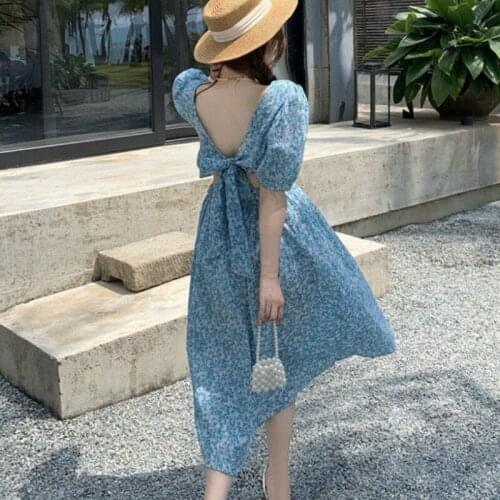 Boho Flowers Long Dress Women Elegant High Waist Sexy Backless Bow O-Neck Puff Sleeve Vintage Korean Party Beach Dress