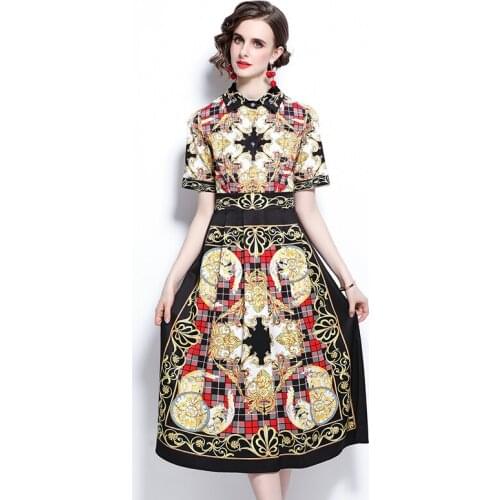 Summer Fashion Runway Designers Short Sleeve Shirt Collar Midi Vintage Dresses For Women 2021 Famale Clothing Casual Vestidos
