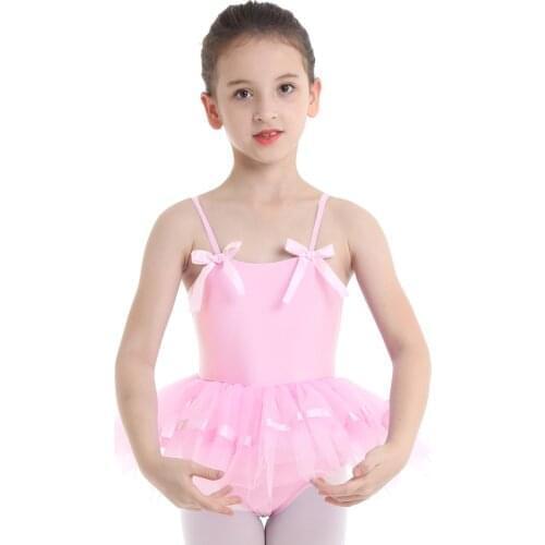 Kids Girls Child Ballet Dance Dresses Performance Dancewear Spaghetti Shoulder Straps with Bowties Gymnastics Leotard Tutu Dress