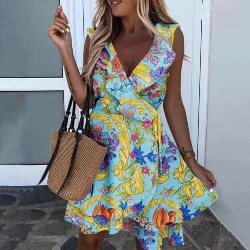 2021 Sexy Deep V Neck Wrap Lady Party Dress Summer Female Sleeveless Ruffle Dress Women Vintage Floral Print Mini Dress Vestidos