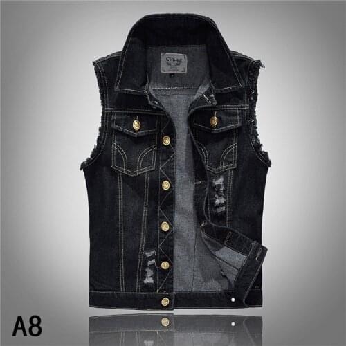 New Spring Autumn Vintage Design Mens Denim Vest Male Black Sleeveless Jackets Men Hole Jeans Brand Waistcoat