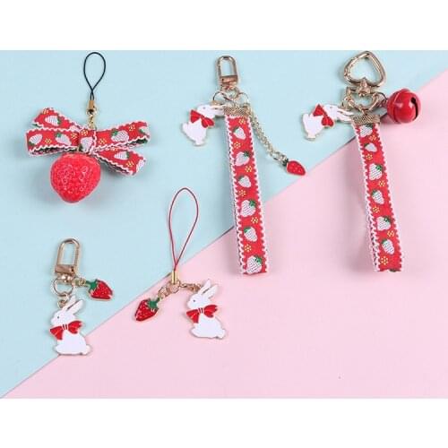 2020 New Design 1 Piece High Quality Cute Strawberry Bunny Bell Pendant Key Chains Lanyard Fashion Mobile Phone Strap