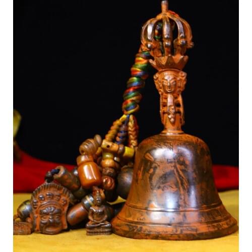 7" Tibet Buddhism Old Bronze Cinnabar Mahakala head statue Old rattle Pendant Vajra set Dorje Vajra Phurpa Exorcism Town House