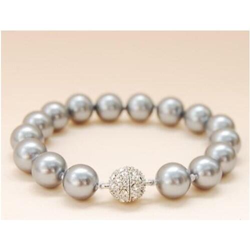 Shell Pearl Bracelet 10mm Gray South Sea Shell Pearl Magnet Jewelled Ball Clasp 7.5 inches Bracelet