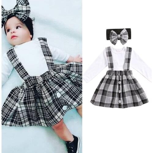 FOCUSNORM 3pcs Baby Girls Cute Clothes Sets 0-24M Long Sleeve Solid Romper Plaid Printed Suspender Skirt+Headband